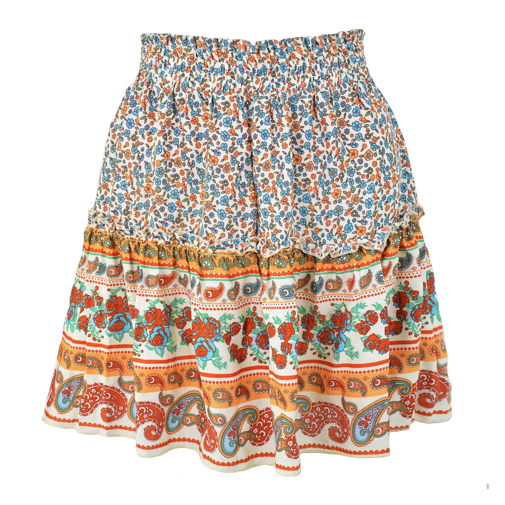 Women Ruffle Hem Skirt Floral Printed Elastic Ethnic Short Skirt For Summer Spring Autumn Beige M