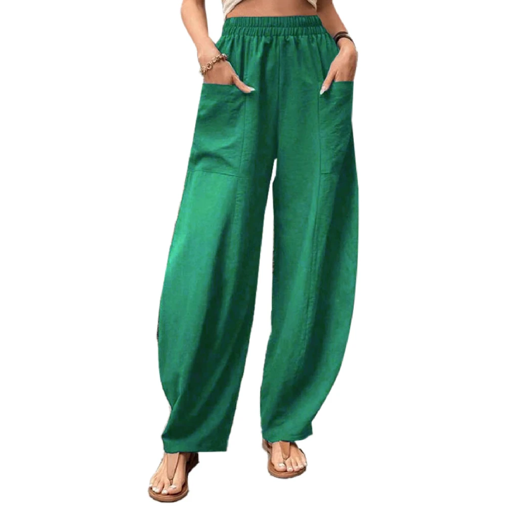 Women Wide Leg Pants Elastic Waist Pure Color Lady Casual Trousers with Pockets for Daily Work Shopping Green XXL