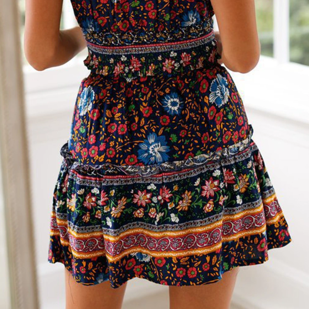 Women Ruffle Hem Skirt Floral Printed Elastic Ethnic Short Skirt For Summer Spring Autumn Navy Blue XL