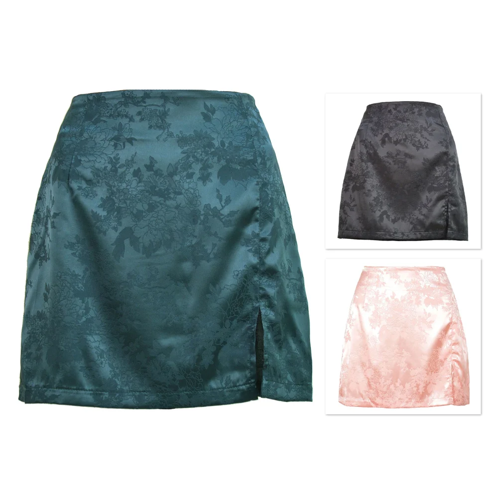 High Waist Skirt Side Slit Hip Wrapped Zipper Fashionable Comfortable Jacquard Satin Skirt for Women Blackish Green XL