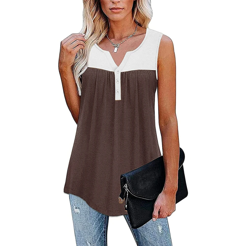 Summer Top V Neck Sleeveless Loose Hem Stitching Comfortable Casual Women Blouse for Work Office Brown L