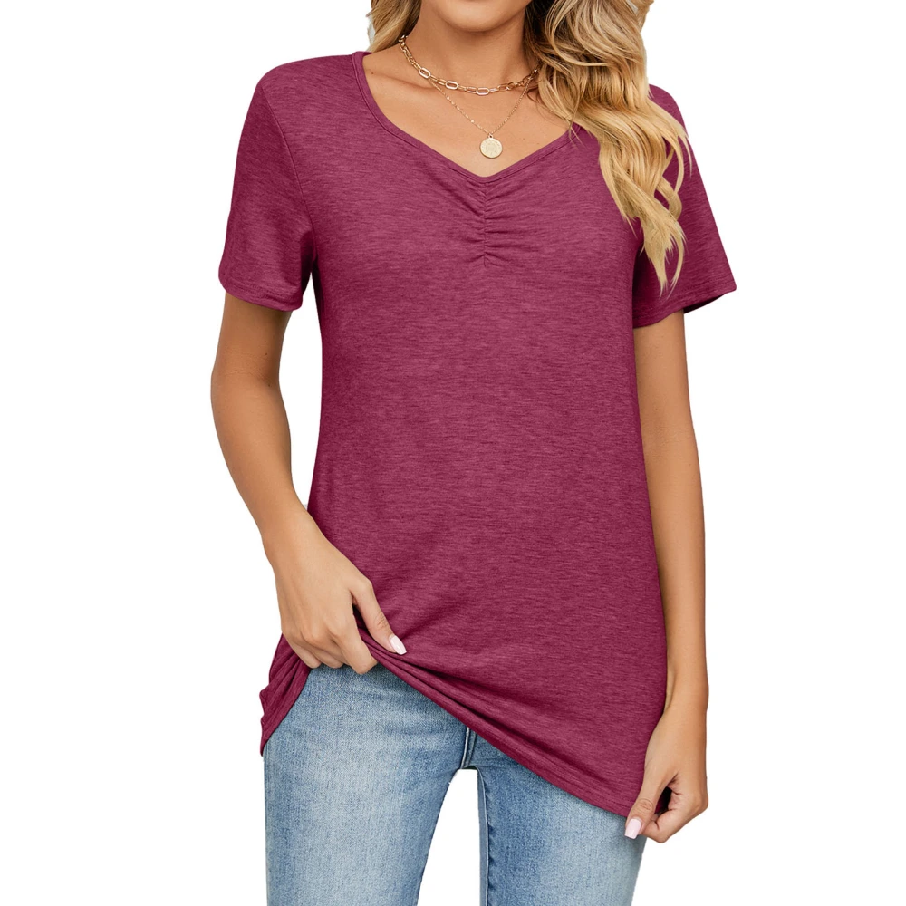 Women V Neck Short Sleeve Tops Casual Fashionable Pure Color Pleated Women Summer T Shirts for Daily Travel Office Wine Red XL