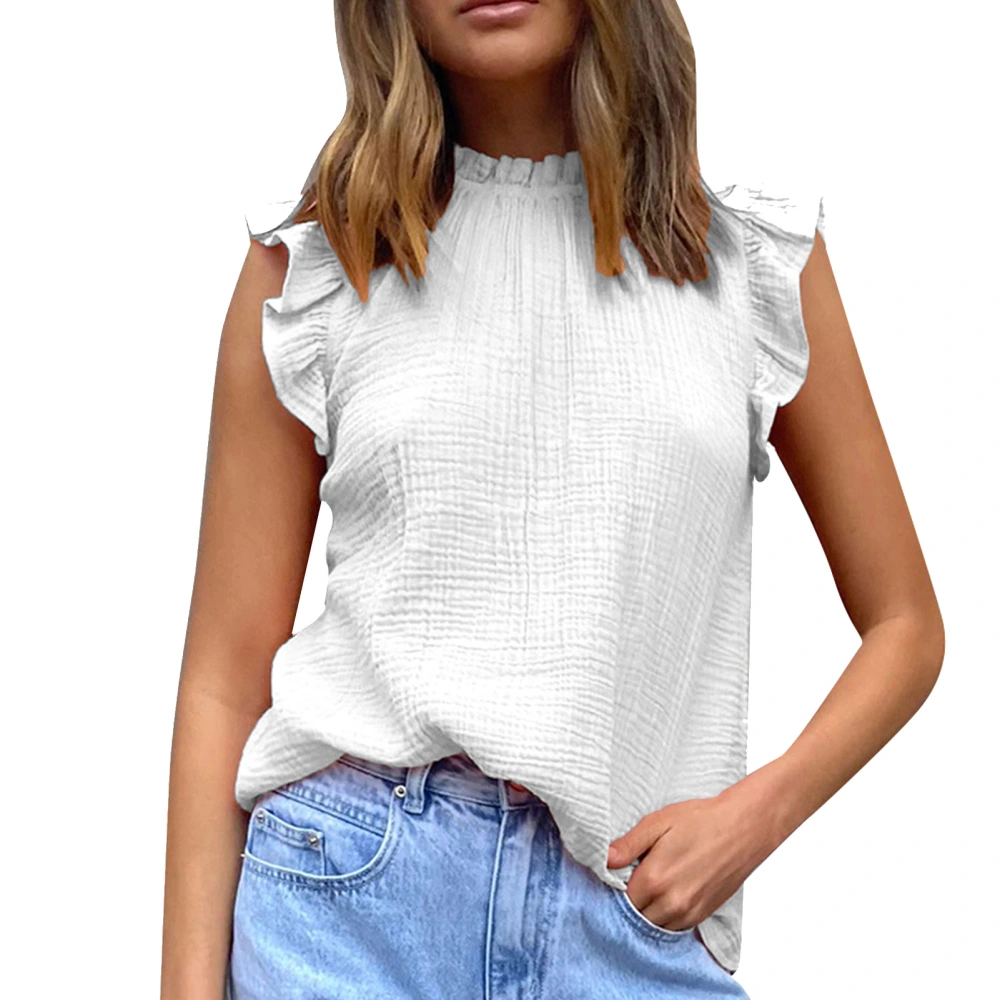 Sleeveless Top Frill Trim Neck Ruffle Design Pure Color Loose Fit Women Casual Blouse for Daily Travel Dating White M