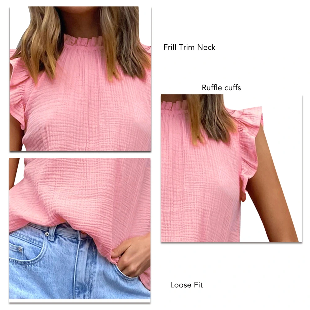 Sleeveless Top Frill Trim Neck Ruffle Design Pure Color Loose Fit Women Casual Blouse for Daily Travel Dating Pink XXL