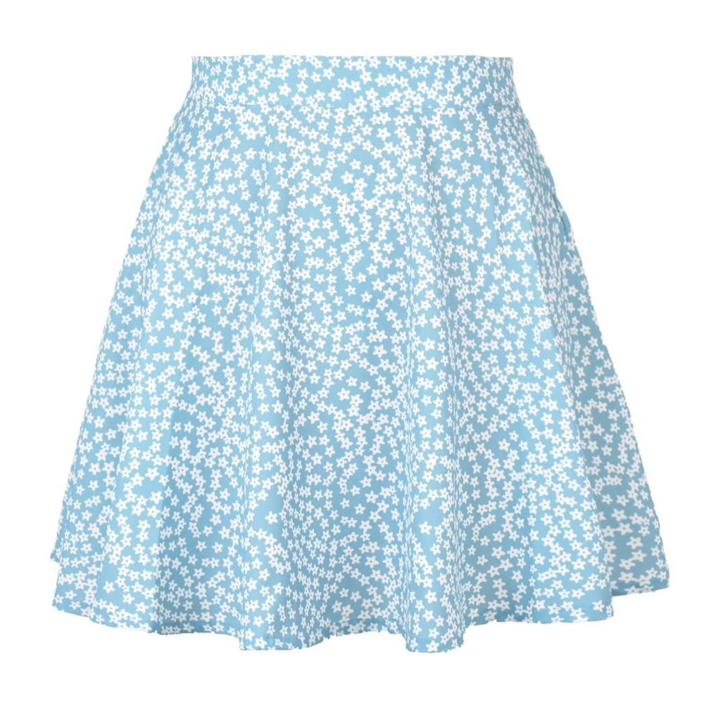 Women Umbrella Skirt Printed Elastic Waist Short High Waist Mini Skirt For Spring Summer Autumn Blue S