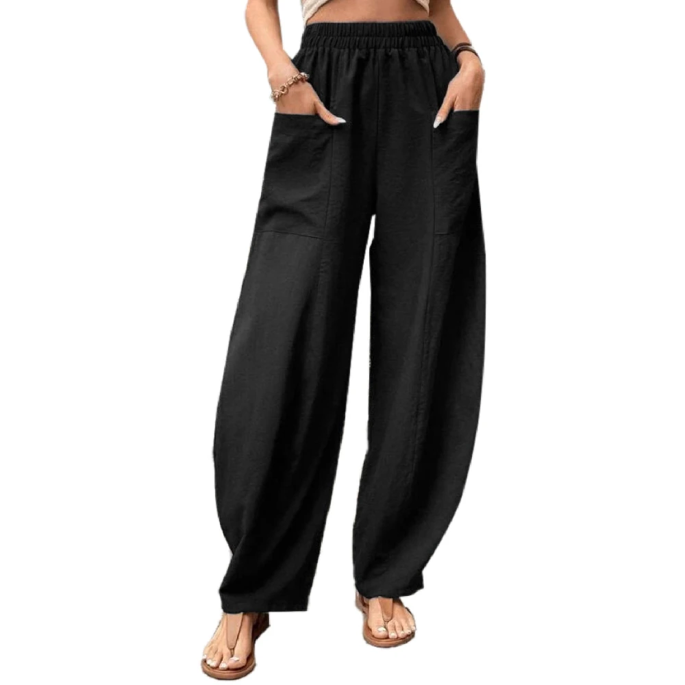 Women Wide Leg Pants Elastic Waist Pure Color Lady Casual Trousers with Pockets for Daily Work Shopping Black L