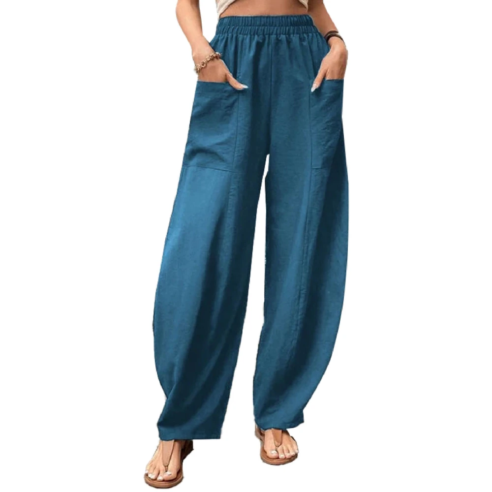 Women Wide Leg Pants Elastic Waist Pure Color Lady Casual Trousers with Pockets for Daily Work Shopping Peacock Green L