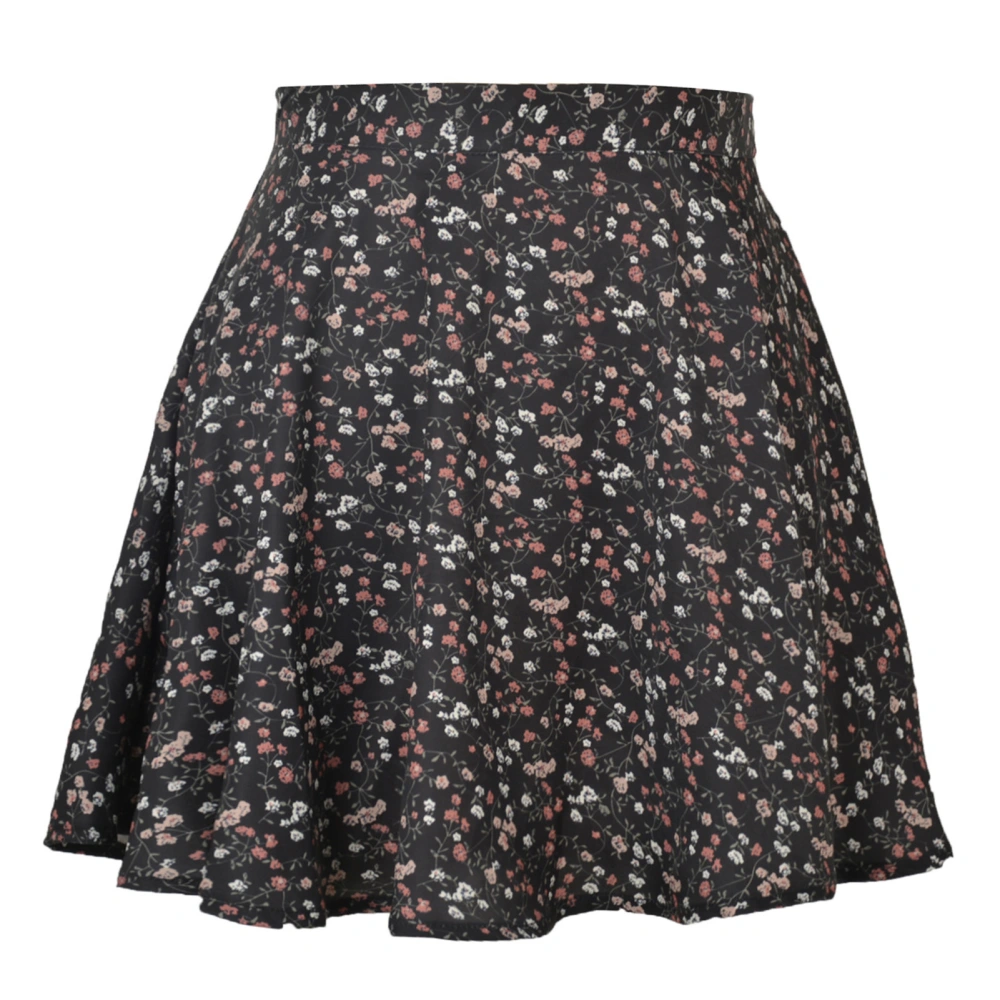 Women Umbrella Skirt Printed Elastic Waist Short High Waist Mini Skirt For Spring Summer Autumn Black S