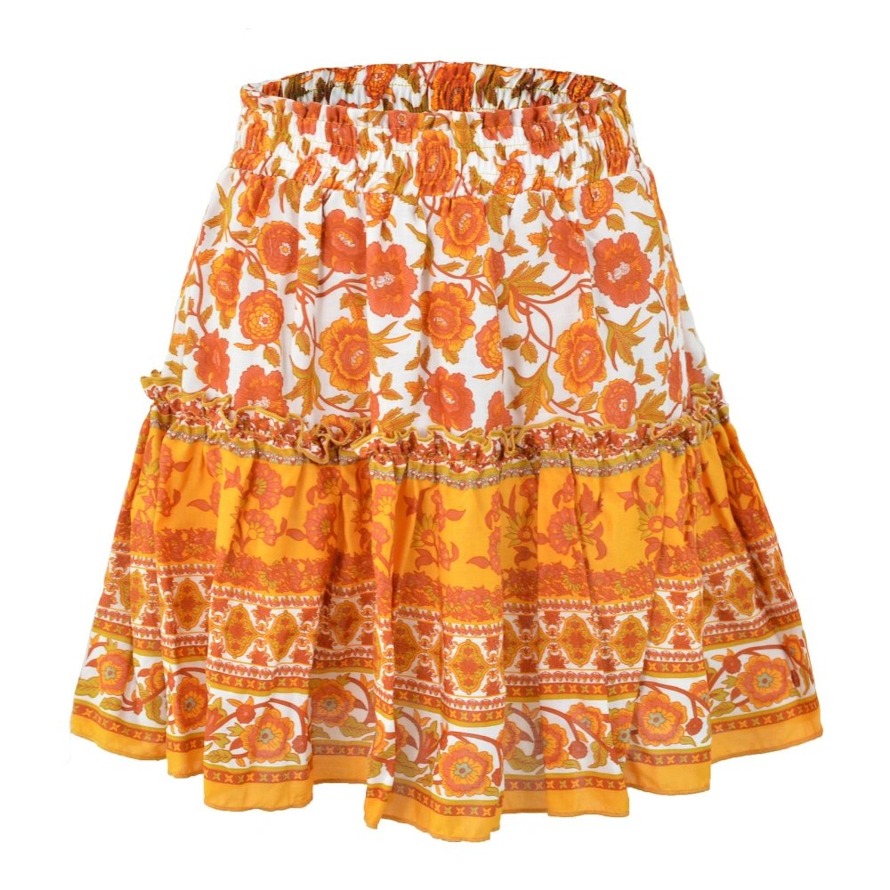 Women Ruffle Hem Skirt Floral Printed Elastic Ethnic Short Skirt For Summer Spring Autumn Orange XL