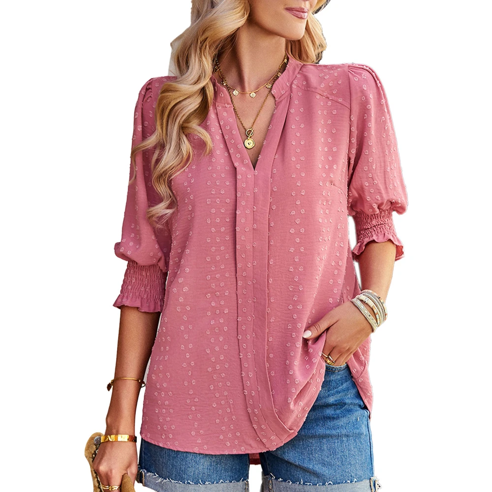 Womens Lantern Half Sleeve Blouse V Neck Flowy Shirts Dressy Pure Color Casual Cute Dot Top Pink S