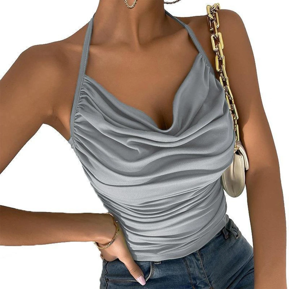 Women Ruched Tank Top Halter Neck Sleeveless Top Women Pure Color Fashion Backless T Shirt Slim Fit Suspender Top Grey XXL