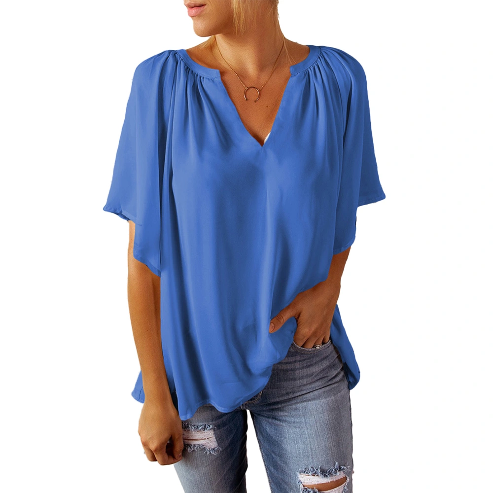 Short Sleeve Blouse V Neck Loose Fit Pure Color Soft Breathable Women Casual Top for Daily Work Travel Blue L