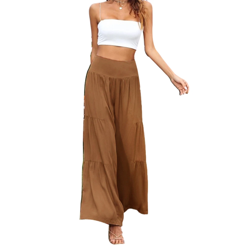 Women Long Pants High Waist Wide Leg Elastic Waist Pure Color Breathable Comfortable Women Loose Pants for Daily Dating Khaki XL