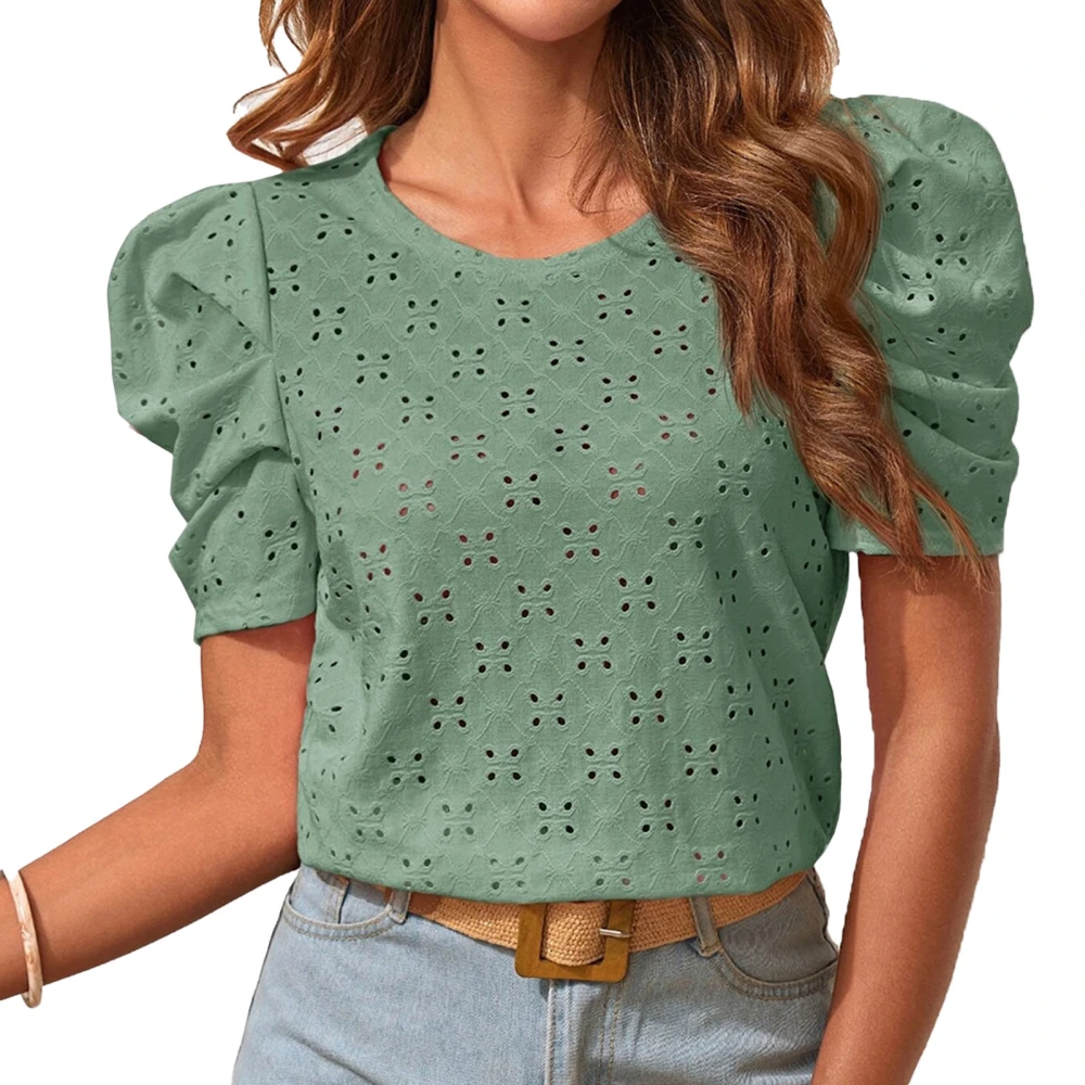 T Shirt Round Neck Puff Short Sleeve Cut Out Jacquard Plain Fashionable Slim Fit Summer Top Green L