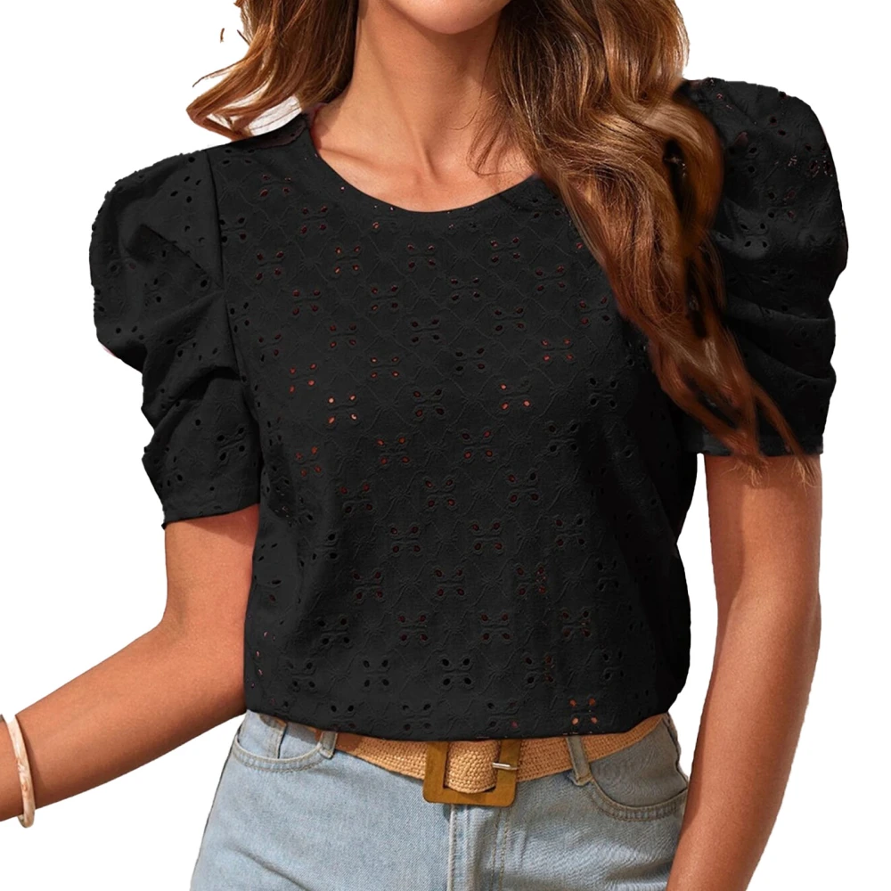 T Shirt Round Neck Puff Short Sleeve Cut Out Jacquard Plain Fashionable Slim Fit Summer Top Black L