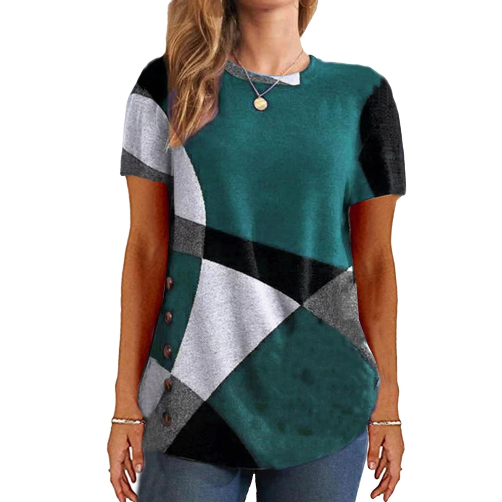 Women Printed Short Sleeve Top Color Blocking Round Neck Women Casual Shirt for Daily Green M