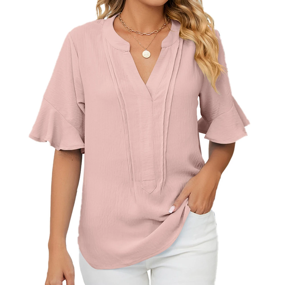 Women V Neck T Shirt Ruffle Sleeves Loose Fitting Pure Color Casual Summer Top for Daily Wear Pink XL