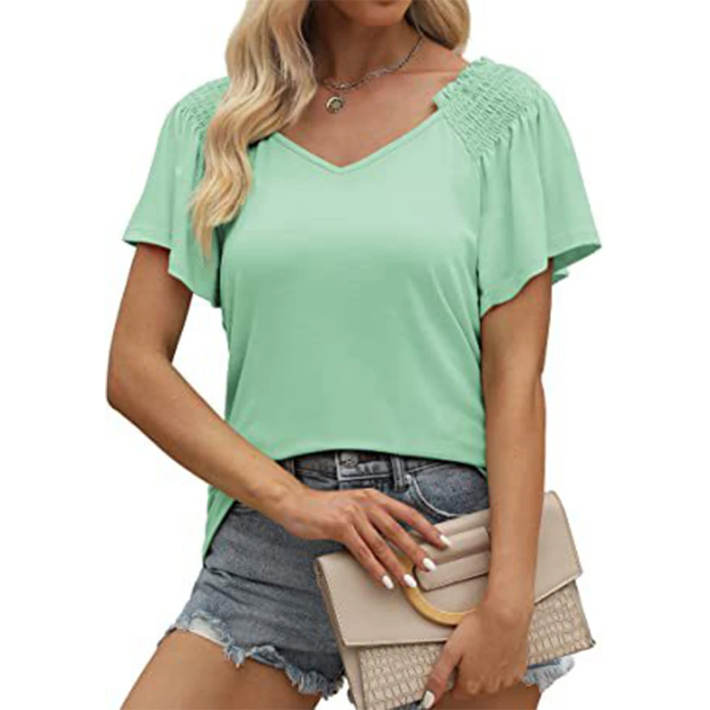 Women Short Sleeve Shirt Pleated V Neck Ruffle Sleeve Women Off Shoulder Shirt Top for Summer Daily Vocation Party Pea Green M