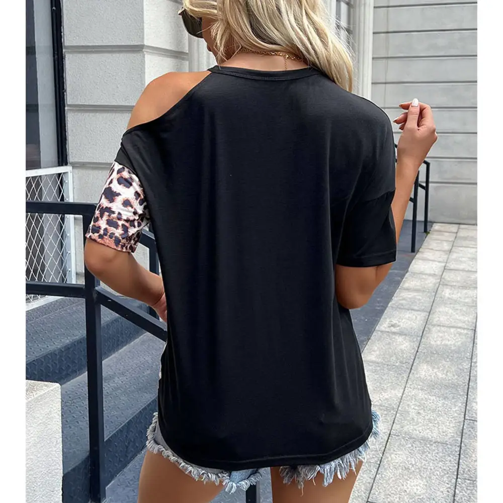 Women Short Sleeve Top Leopard Pattern Stitching Round Neck Fashionable Cold Shoulder Casual Top Black XL