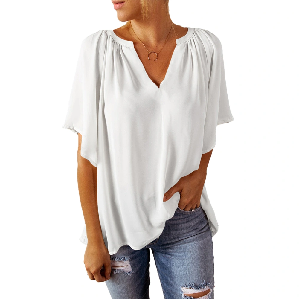 Short Sleeve Blouse V Neck Loose Fit Pure Color Soft Breathable Women Casual Top for Daily Work Travel White XXL