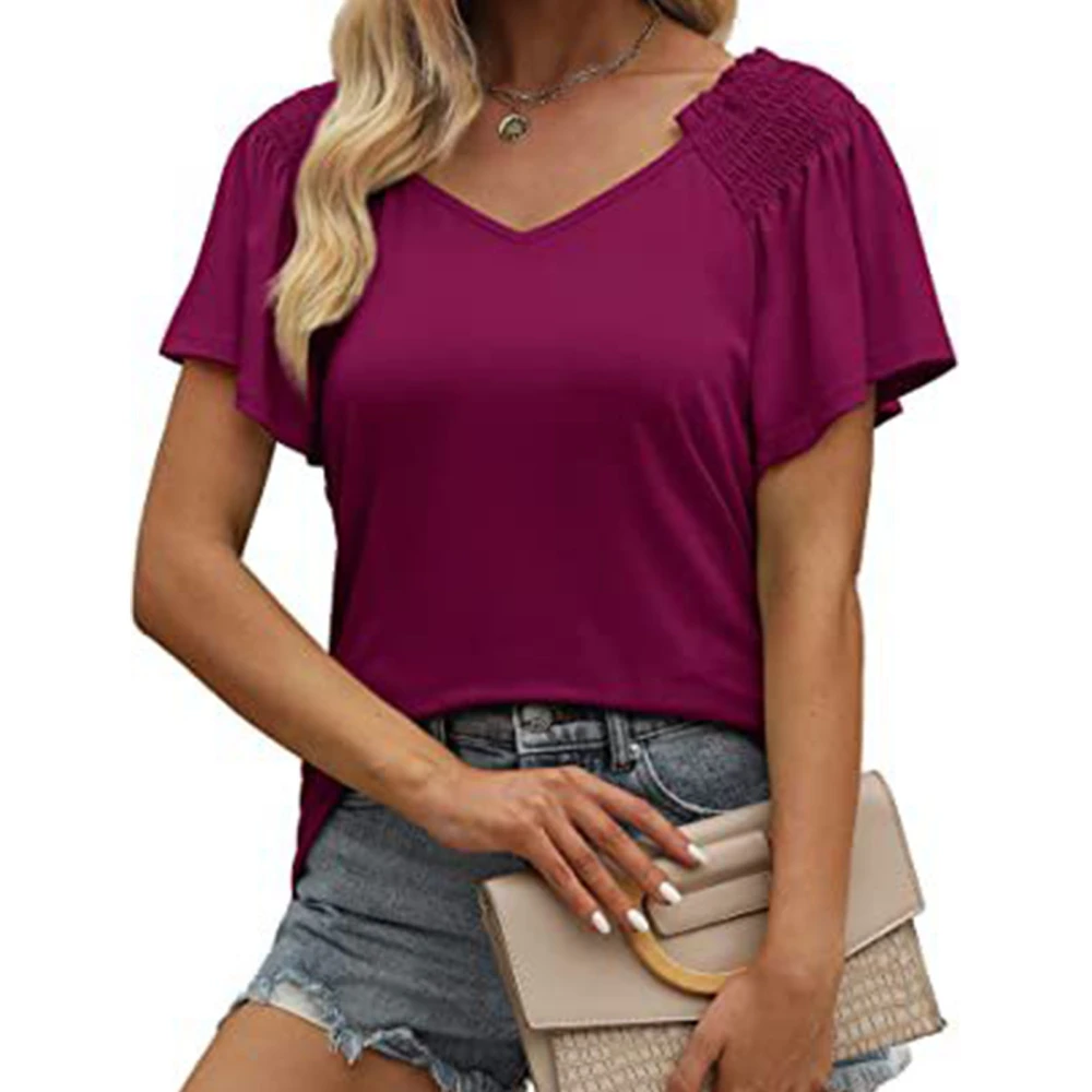 Women Short Sleeve Shirt Pleated V Neck Ruffle Sleeve Women Off Shoulder Shirt Top for Summer Daily Vocation Party Purple XL