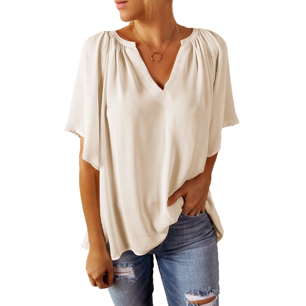 Short Sleeve Blouse V Neck Loose Fit Pure Color Soft Breathable Women Casual Top for Daily Work Travel Beige XXL