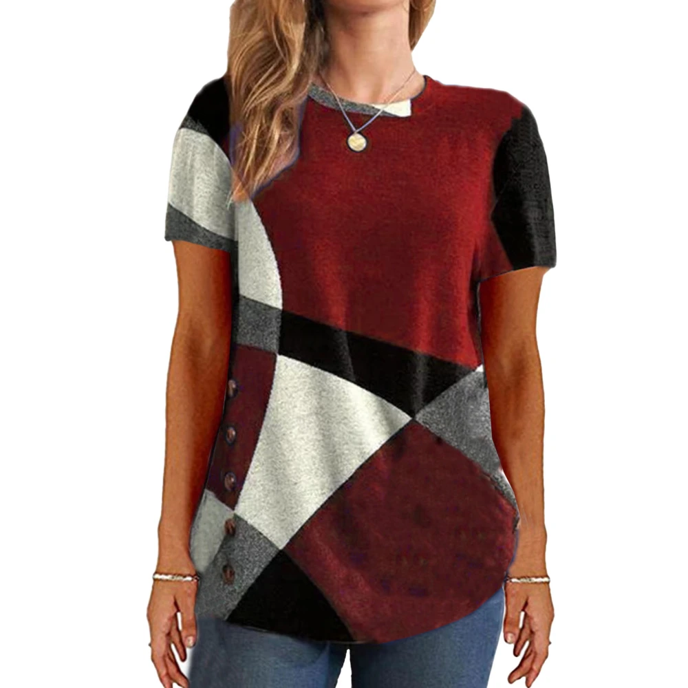 Women Printed Short Sleeve Top Color Blocking Round Neck Women Casual Shirt for Daily Red S