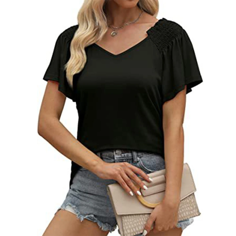 Women Short Sleeve Shirt Pleated V Neck Ruffle Sleeve Women Off Shoulder Shirt Top for Summer Daily Vocation Party Black M