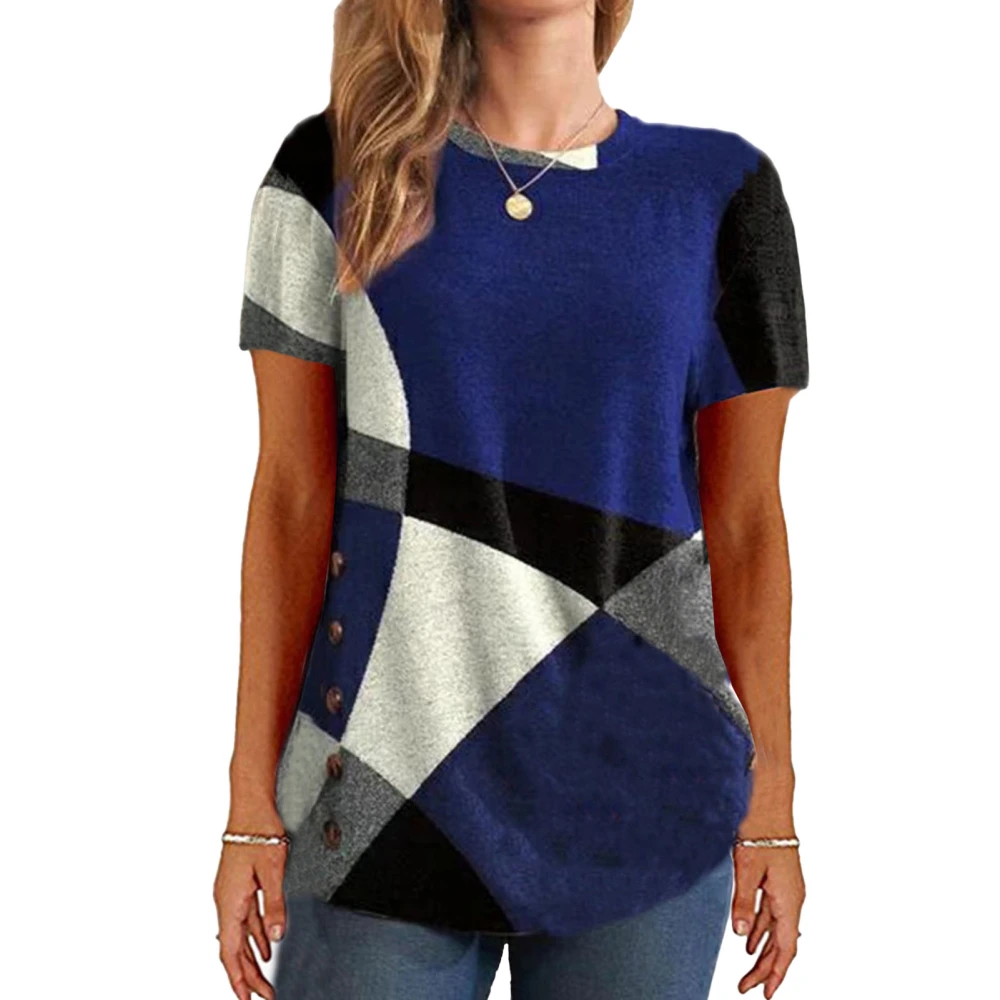 Women Printed Short Sleeve Top Color Blocking Round Neck Women Casual Shirt for Daily Blue S