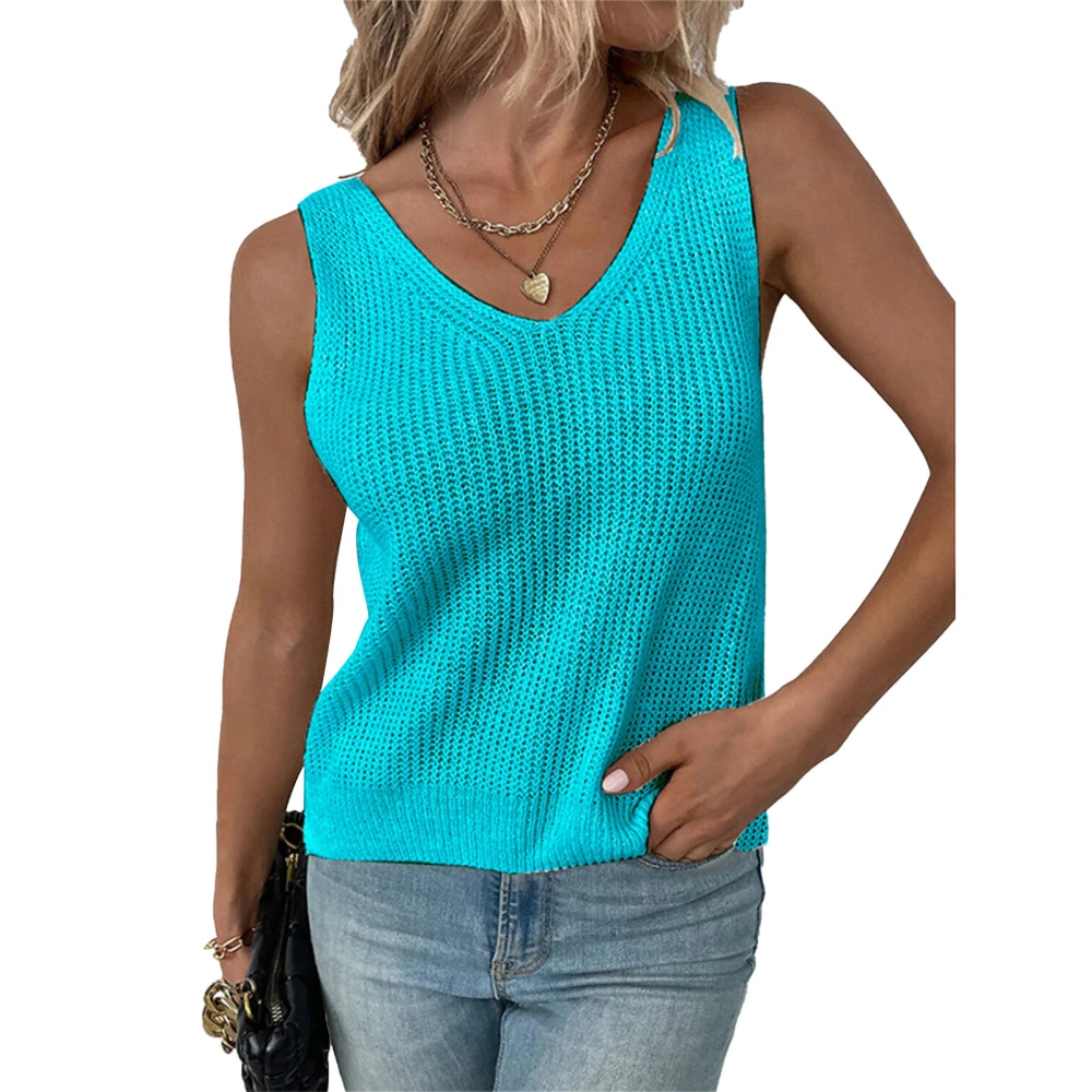 Knitted Tank Tops V Neck Sleeveless Pure Stylish Color Skin Friendly Women Sweater Vest for Party Shopping Outing Lake Blue L