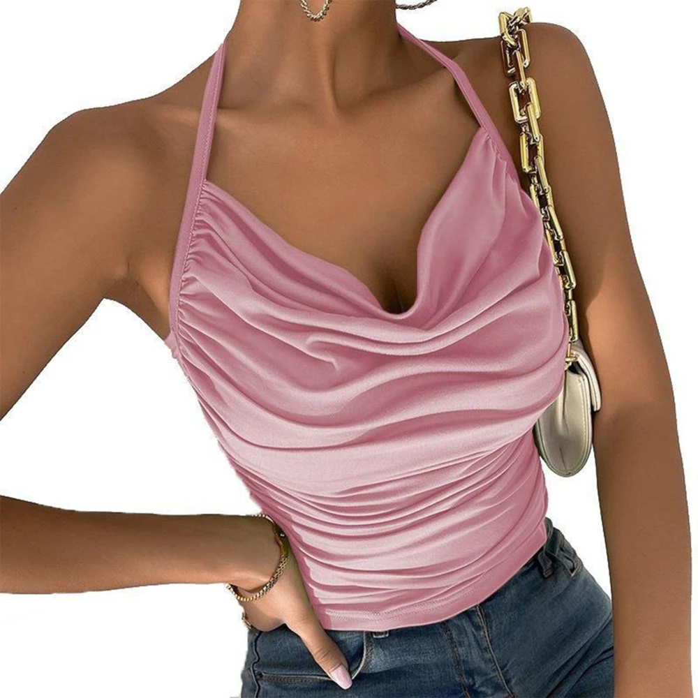 Women Ruched Tank Top Halter Neck Sleeveless Top Women Pure Color Fashion Backless T Shirt Slim Fit Suspender Top Pink L