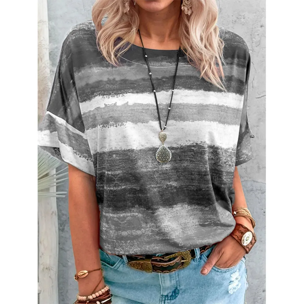 Short Sleeved Pullover Blouse Gradient Round Neck Casual Fitted Short Sleeved Blouse for Women Grey S