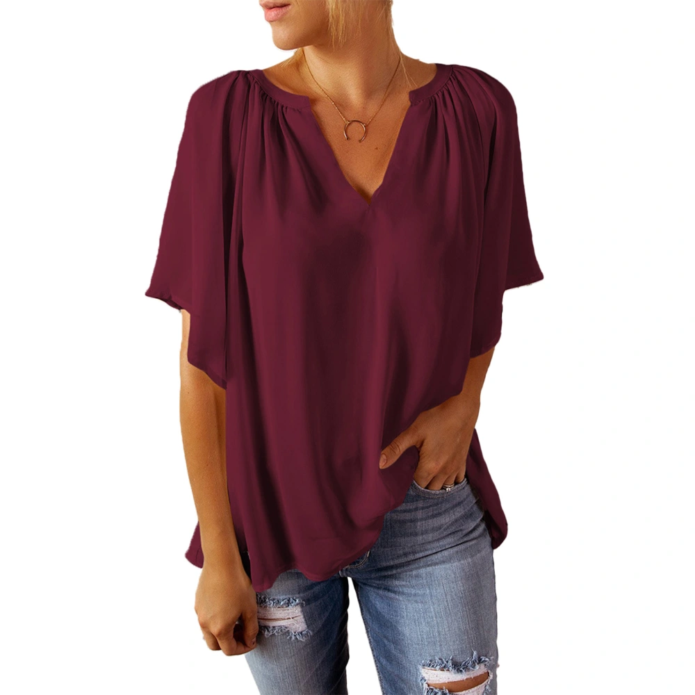 Short Sleeve Blouse V Neck Loose Fit Pure Color Soft Breathable Women Casual Top for Daily Work Travel Red S