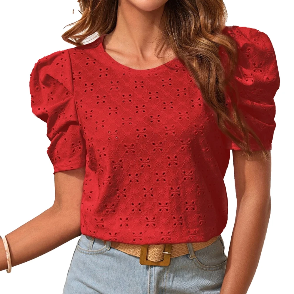 T Shirt Round Neck Puff Short Sleeve Cut Out Jacquard Plain Fashionable Slim Fit Summer Top Red M