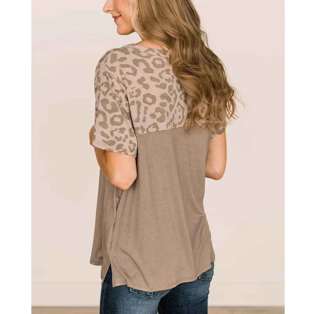 Women Round Neck Top Leopard Printed Splicing Short Sleeves Casual Loose T Shirt for Summer Wear Round Neck T Shirt XL