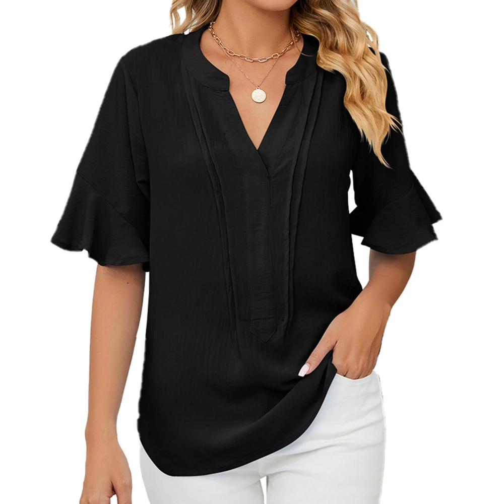 Women V Neck T Shirt Ruffle Sleeves Loose Fitting Pure Color Casual Summer Top for Daily Wear Black XL