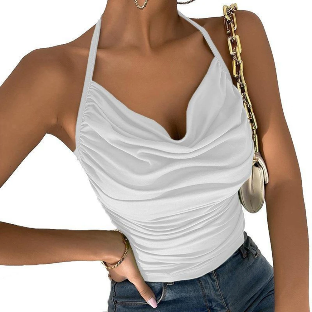 Women Ruched Tank Top Halter Neck Sleeveless Top Women Pure Color Fashion Backless T Shirt Slim Fit Suspender Top White XXL