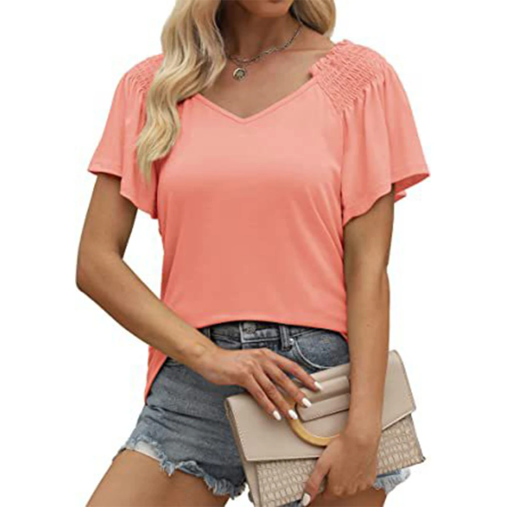 Women Short Sleeve Shirt Pleated V Neck Ruffle Sleeve Women Off Shoulder Shirt Top for Summer Daily Vocation Party Pink L