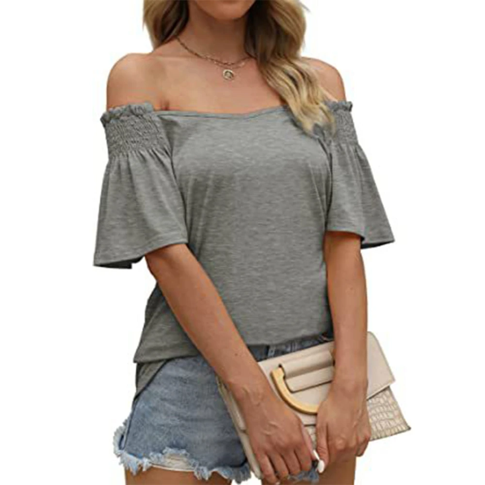 Women Short Sleeve Shirt Pleated V Neck Ruffle Sleeve Women Off Shoulder Shirt Top for Summer Daily Vocation Party Grey XL