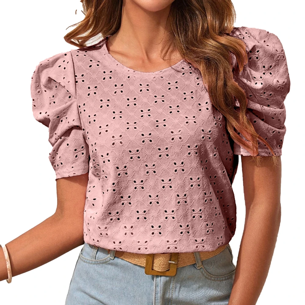 T Shirt Round Neck Puff Short Sleeve Cut Out Jacquard Plain Fashionable Slim Fit Summer Top Pink S