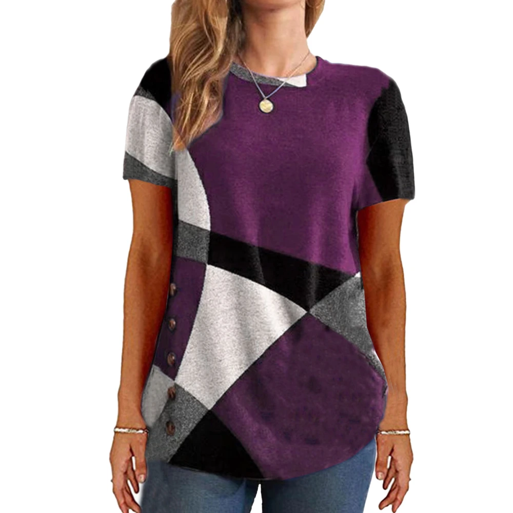 Women Printed Short Sleeve Top Color Blocking Round Neck Women Casual Shirt for Daily Purple M