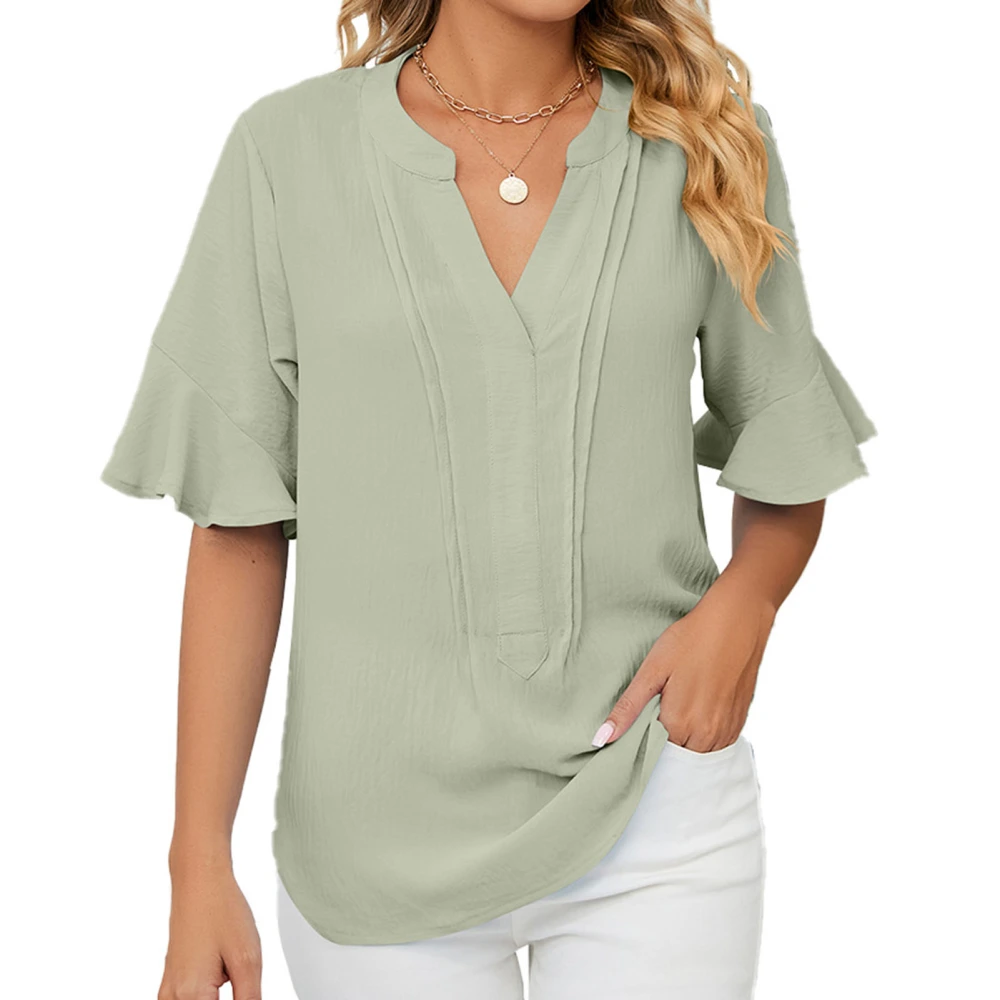 Women V Neck T Shirt Ruffle Sleeves Loose Fitting Pure Color Casual Summer Top for Daily Wear Pea Green XXL