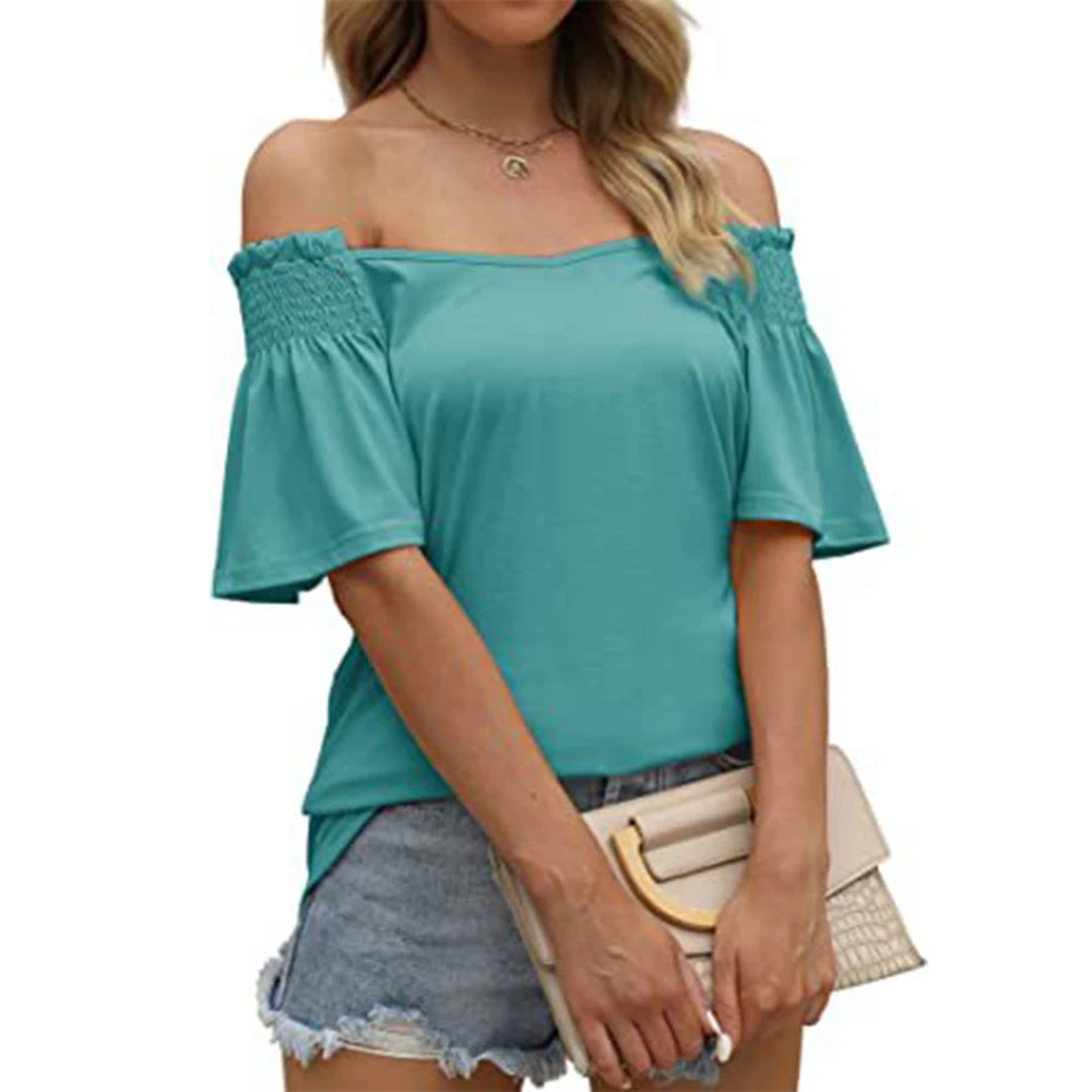 Women Short Sleeve Shirt Pleated V Neck Ruffle Sleeve Women Off Shoulder Shirt Top for Summer Daily Vocation Party Emerald Green L