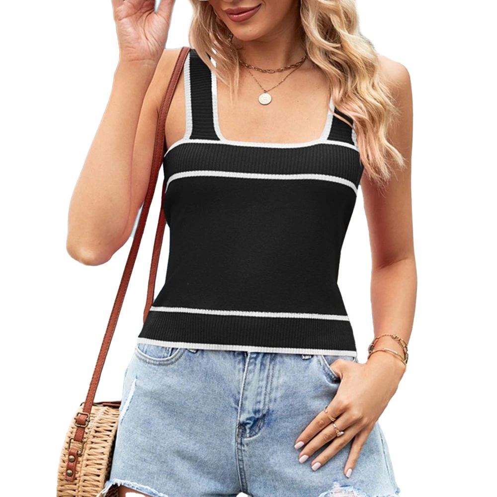 Knitted Short Camisole U Neck Sleevless Casual Loose Polyester Fiber Summer Camisole for Shopping Black S