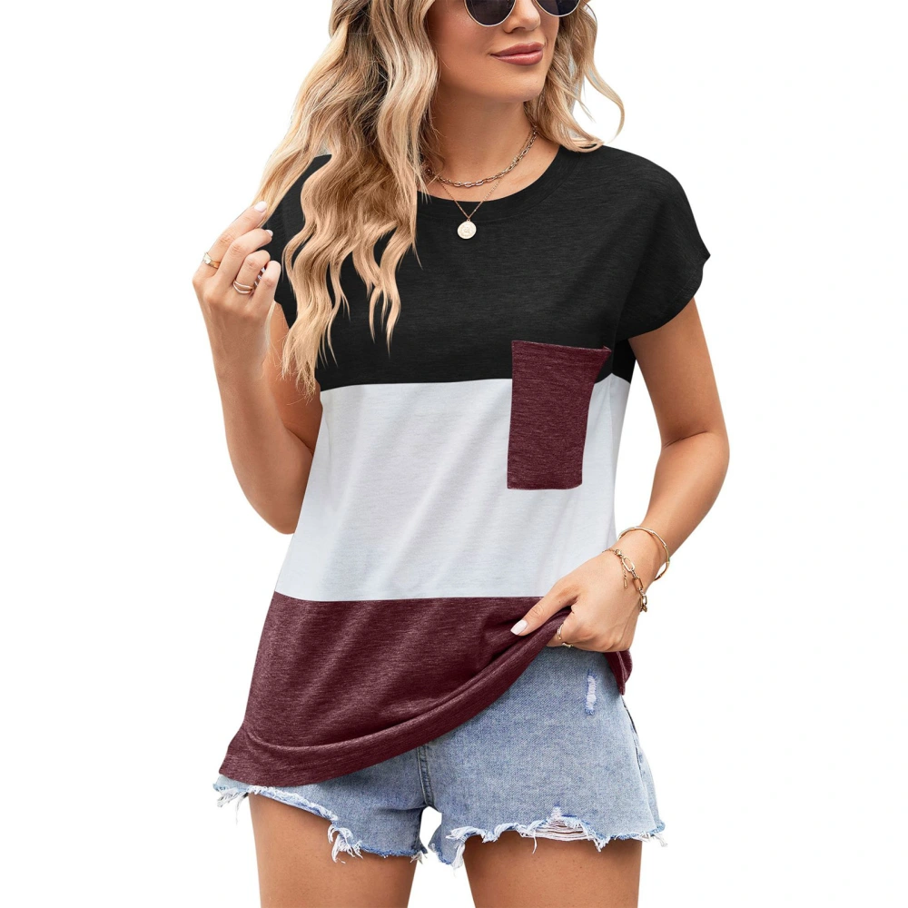 Women T Shirt Crew Neck Short Sleeve Contrast Color Top Comfortable Tee for Party Office Wine Red S