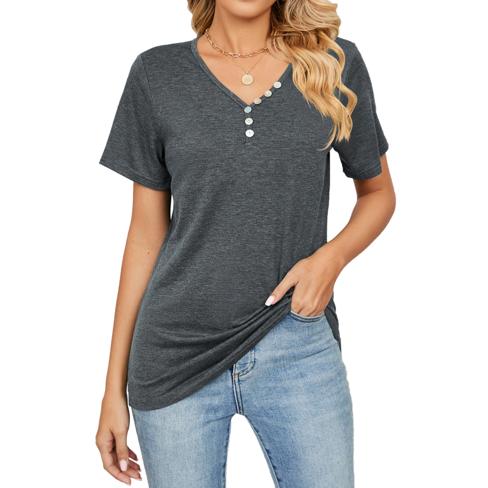 Women Casual Short Sleeve Top with Button Decoration V Neck Polyester Loose T Shirt for Summer Dark Gray S