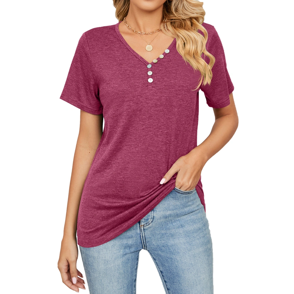 Women Casual Short Sleeve Top with Button Decoration V Neck Polyester Loose T Shirt for Summer Wine Red XL