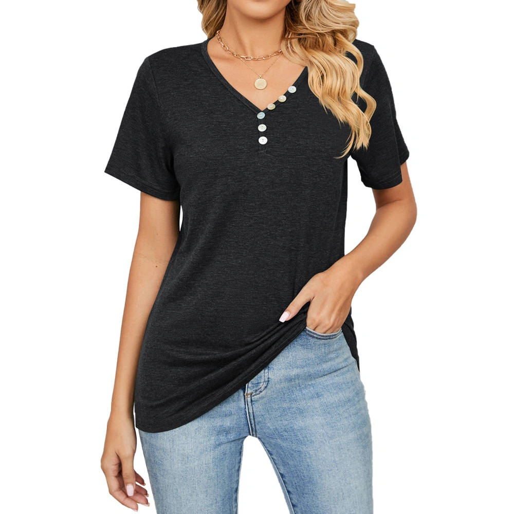 Women Casual Short Sleeve Top with Button Decoration V Neck Polyester Loose T Shirt for Summer Black L