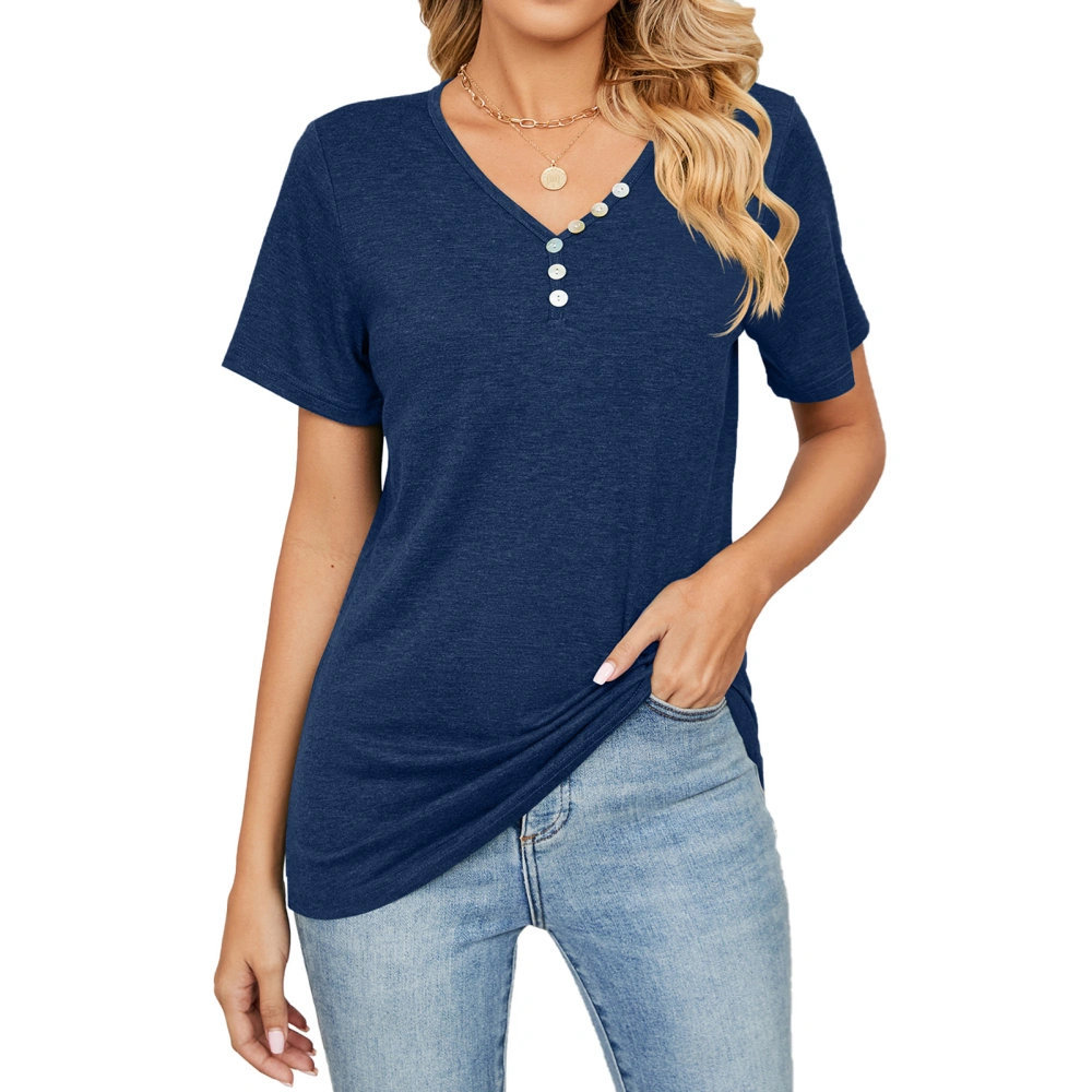 Women Casual Short Sleeve Top with Button Decoration V Neck Polyester Loose T Shirt for Summer Navy Blue M