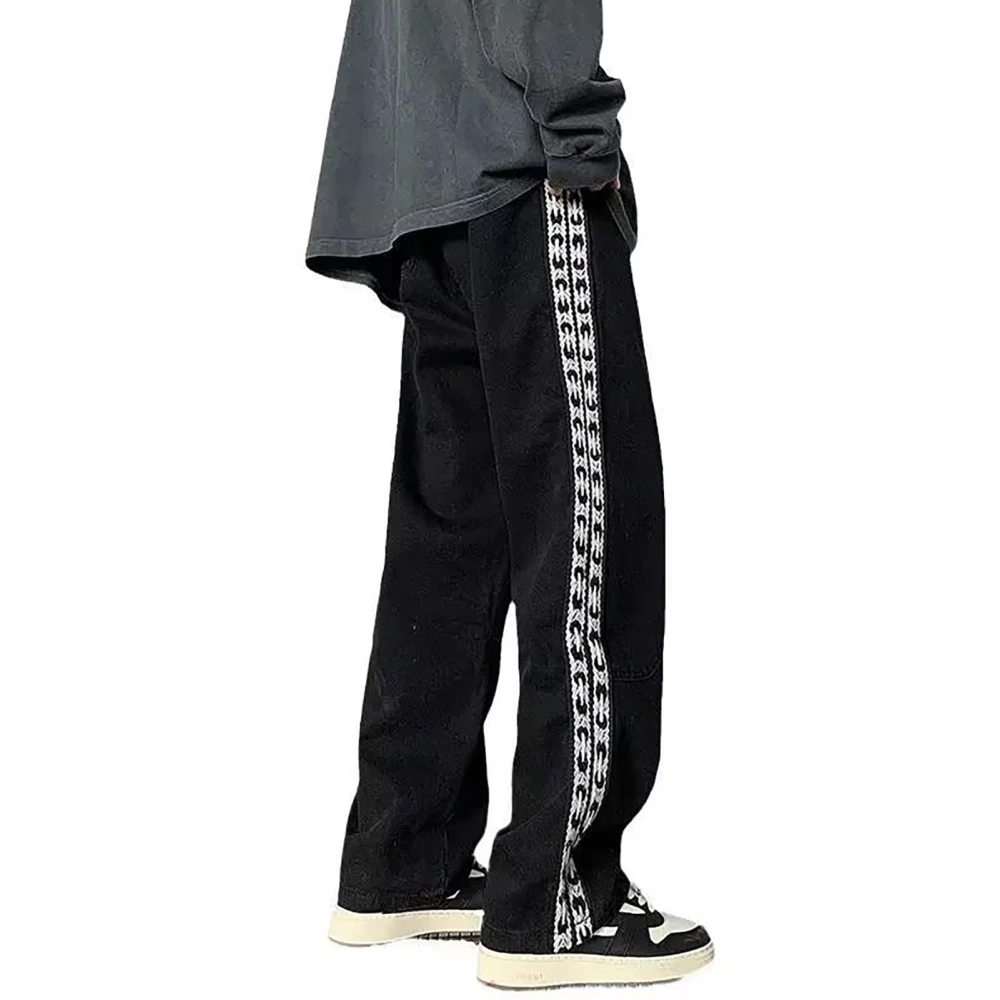 Men Denim Pants Wide Legs Side Patterns Splicing Fashionable Casual Long Pants for Daily Wear Black 2XL